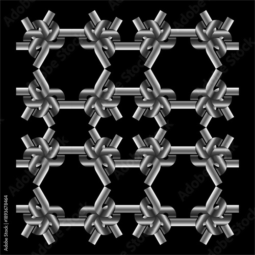 Interwoven metallic rods twist into sturdy knots, repeating like chainmail, forming an industrial grid of strength, tension, and precision.