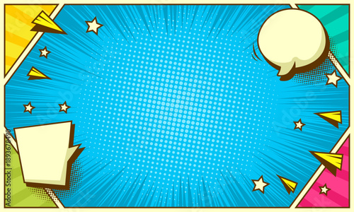 Blank pop art comic panel in colorful background