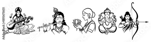 Set of Hindu gods and goddesses illustrations in vintage black ink style