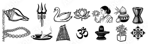 Collection of traditional Hindu religious symbols and cultural icons in black and white engraving style