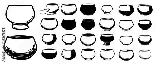 Large collection of bowls and alms containers for monks in various graphic styles