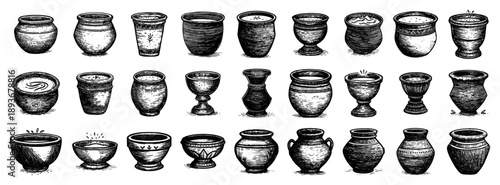 Hand drawn sketch collection of antique ceramic pots vases and bowls