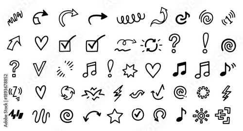 Big collection of hand drawn minimalist doodle icons and symbols in sketch style