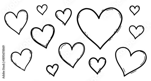 Set of various hand drawn heart shapes for romantic designs and decorations