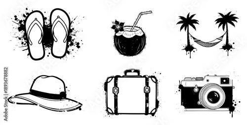 Travel and summer vacation icons with grunge ink splatters and vintage style