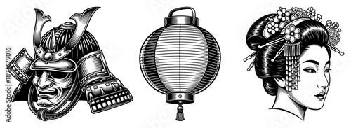 Traditional japanese culture symbols featuring samurai helmet geisha portrait and lantern