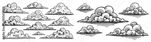 Decorative vintage style cloud illustrations with engraving texture details