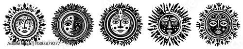 Stylized celestial sun faces with ethnic and tarot design elements