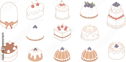 Cute minimalist dessert cake vector set with hand drawn pastries, birthday cakes, sweets, and bakery icons