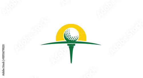 Golf ball on a tee with a yellow sun and green grass.