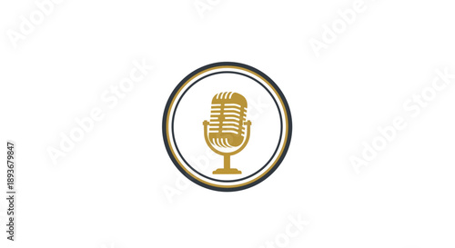 Golden Microphone Icon in a Circle on White Background.