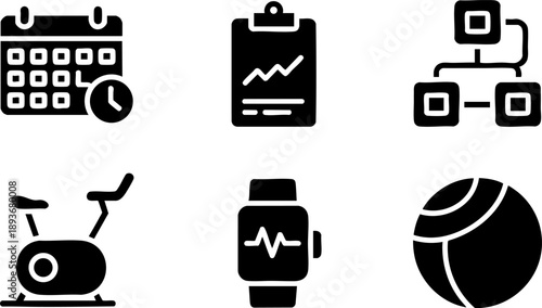 Fitness and Sports Icon Set – Calendar, Activity Tracker, Chart, Exercise Bike, and Tennis Ball EPS