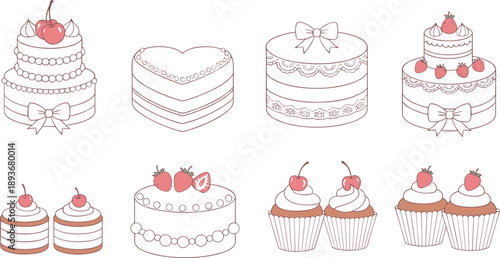 Elegant hand drawn cake and cupcake vector set with bows, hearts, strawberries, and layered dessert designs