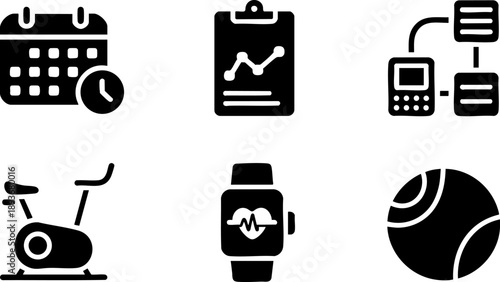 Fitness and Sports Icon Set – Calendar, Activity Tracker, Chart, Exercise Bike, and Tennis Ball EPS