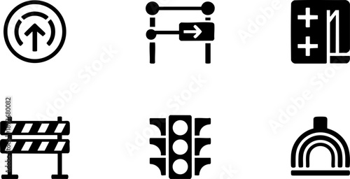 Road and Traffic Safety Icon Set – Signs, Signals, Barriers, Tunnel, and First Aid Vector EPS