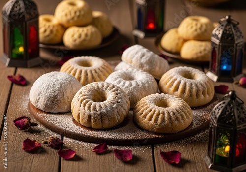 Delicious sweet pastries on wooden table with lanterns