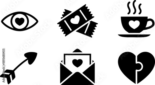 Love and Romance Icon Set – Heart, Eye, Letter, Cup, Ticket, and Arrow Symbol Vector EPS Design