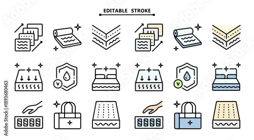 Memory Foam Mattress Icon Set: Color Outline Symbols for Sleep Comfort, Breathable Bedding and Pressure Relief Technology