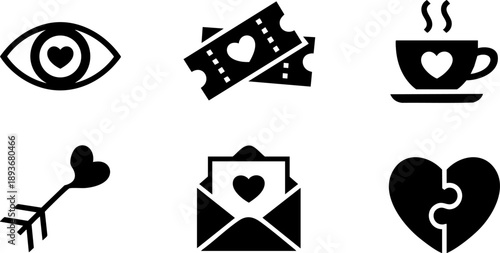 Love and Romance Icon Set – Heart, Eye, Letter, Cup, Ticket, and Arrow Symbol Vector EPS Design
