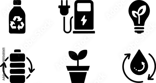 Green Energy Icon Set – Renewable Power, Recycling, Light Bulb, and Eco Plant Vector EPS Design