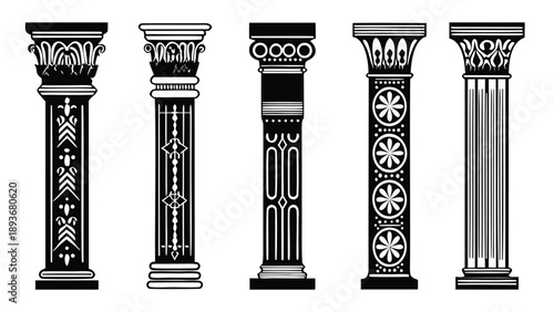 Set of ancient roman arches with decorative columns in black and white flat design