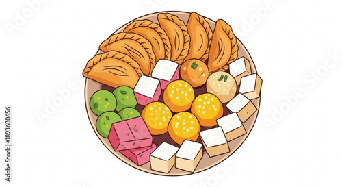 Colorful dessert platter with assorted sweet treats and fruits on a wooden plate