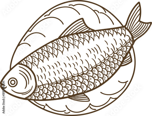 Whole fish with scales on a plate, detailed sea food dish illustration