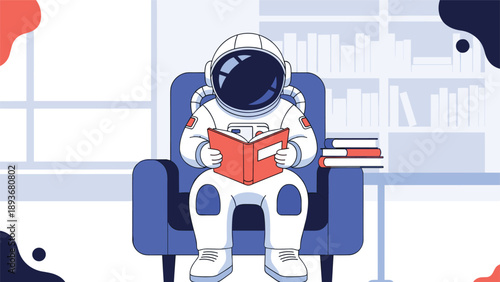 Astronaut in white space suit sitting in a cozy blue chair reading an orange book against a library background wall in flat style.