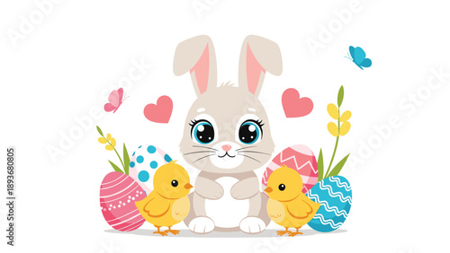 Cute gray bunny sitting surrounded by colorful decorated easter eggs and two yellow chicks with flying butterflies and flowers.