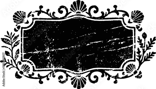 Vintage decorative black frame with floral and shell accents, distressed antique border design