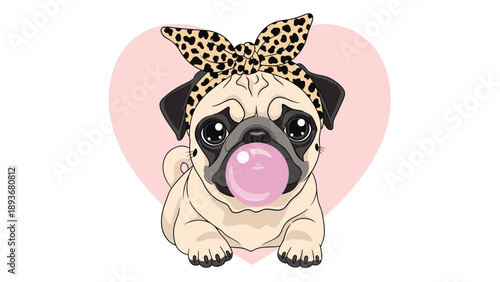 Cute pug puppy dog wearing a leopard print bow headband blowing a large pink bubble gum bubble against a pink heart background.