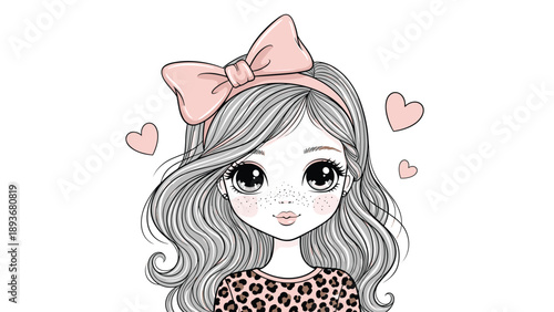 Portrait of a beautiful young girl with long wavy grey hair and a large pink bow wearing a trendy leopard print patterned shirt.