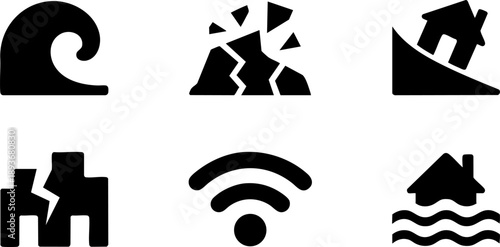 Natural Disaster Icon Set – Earthquake, Flood, Tsunami, Landslide, and Emergency Signal Vector EPS