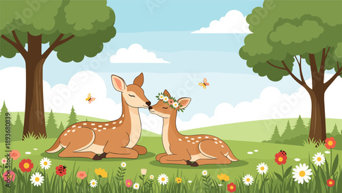 Mother deer and her fawn resting together in a beautiful sunlit flower meadow with trees and butterflies in the background.