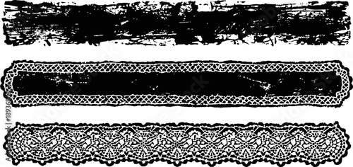Vintage decorative black grunge brush horizontal borders with lace and distressed textures