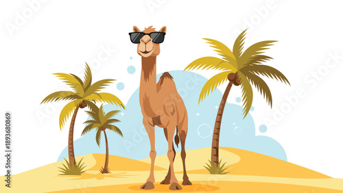 Tall brown camel wearing black sunglasses standing in a sunny desert landscape with sand dunes and tropical palm trees.