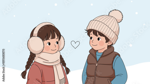 Young boy and girl in winter outfits and hats looking at each other with a black outline heart against a snowy winter background.
