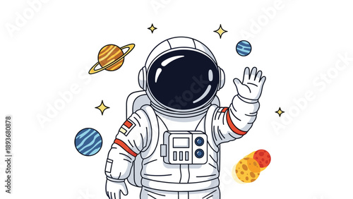 Brave astronaut in a white space suit waving one hand while floating in space among colorful planets and twinkling stars.