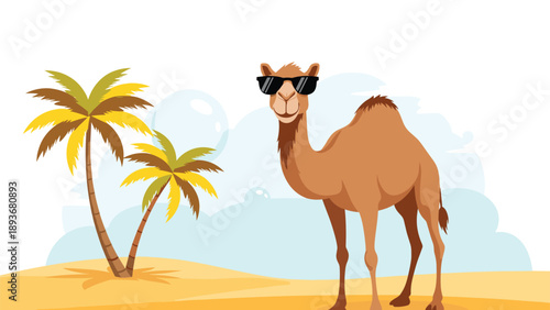 Cool camel wearing black sunglasses standing in a sunny desert landscape with palm trees and soft blue clouds background.