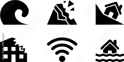 Natural Disaster Icon Set – Earthquake, Flood, Tsunami, Landslide, and Emergency Signal Vector EPS