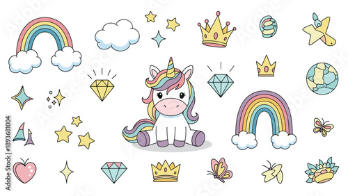 Comprehensive set of unicorn-themed stickers including rainbows crowns stars diamonds and various cute magical creature icons.