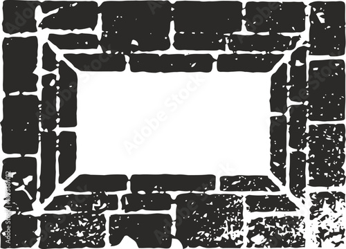 Grunge rectangular brick frame with scattered stone texture and worn edges