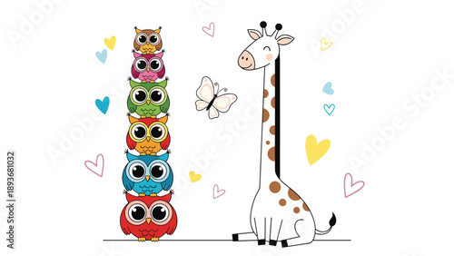 Tall spotted giraffe sitting next to a colorful stack of six owls with hearts and butterflies in a clean white workspace.