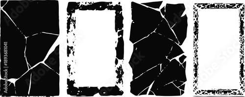 Abstract black and white cracked and distressed grunge frames set for vintage design or texture backgrounds