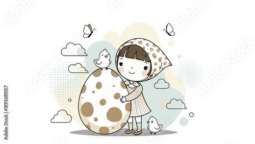 Cute girl wearing a headscarf and striped dress hugs a large spotted egg while small birds and butterflies fly by.