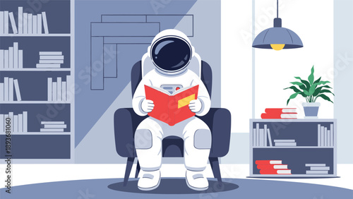 Space explorer in full astronaut suit sitting comfortably in a dark blue armchair while reading an orange book in a home library.