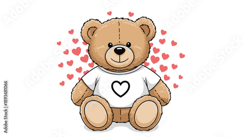 Sweet brown teddy bear wearing a white t-shirt with a heart sits among many floating red hearts on a white backdrop.