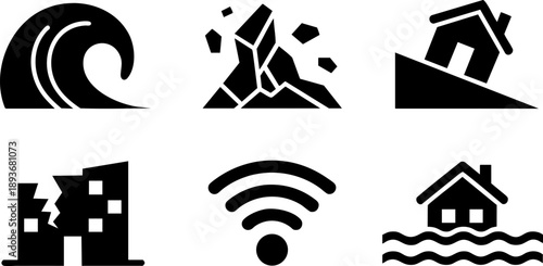 Natural Disaster Icon Set – Earthquake, Flood, Tsunami, Landslide, and Emergency Signal Vector EPS