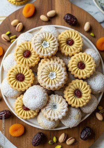 Delicious assorted cookies on a plate with nuts and dried fruits