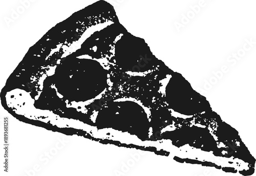 Black and white vintage illustration of a pizza slice with toppings and crust